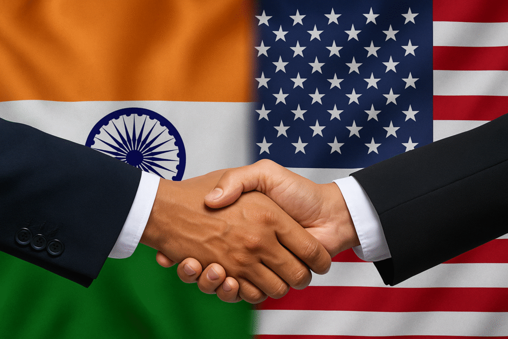Flags of India and USA with business handshake overlay, symbolizing trade relations