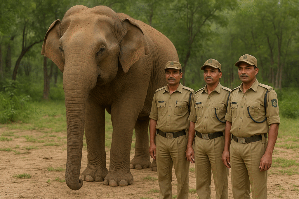 Vatsala the elephant with forest staff at Panna Tiger Reserve