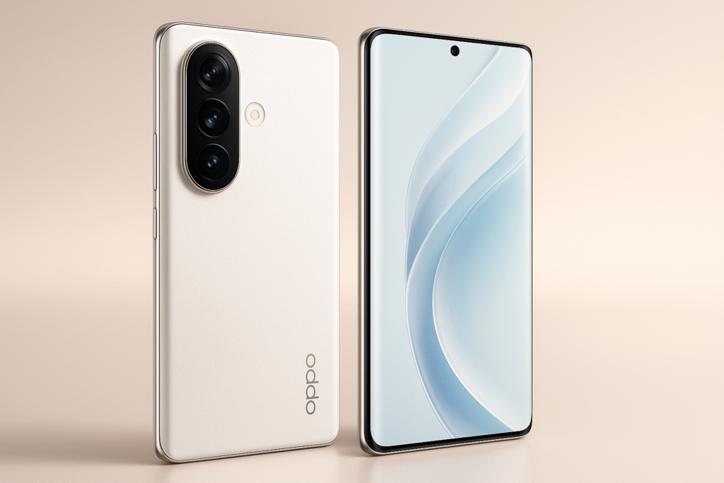 OPPO Reno 14 Pro displaying its triple‑camera module and curved OLED screen in Pearl White variant