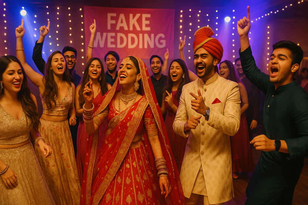 Gen Z enjoying fake wedding dance floor and varmala ceremony