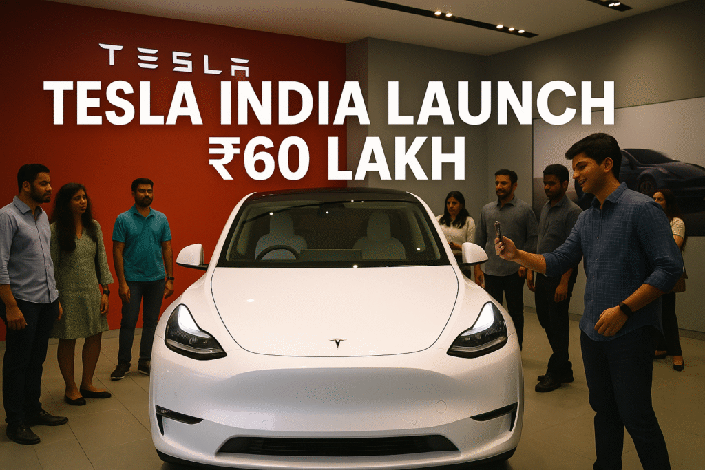 Tesla Model Y India launch at Mumbai BKC showroom with customers exploring.
