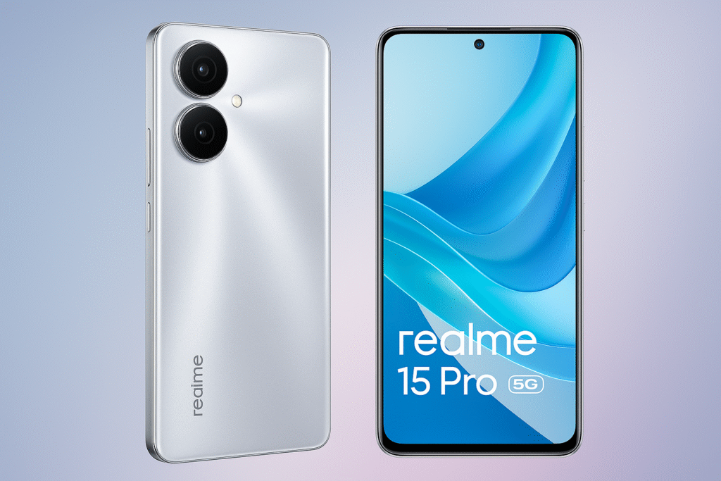 Realme 15 Pro 5G smartphone front and rear view in Flowing Silver color