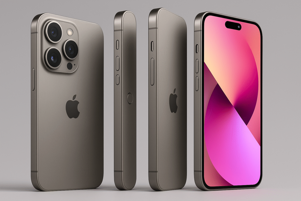 Concept renders of Apple iPhone 16 series showing titanium frame & redesigned camera layout with Action Button, from various angles.