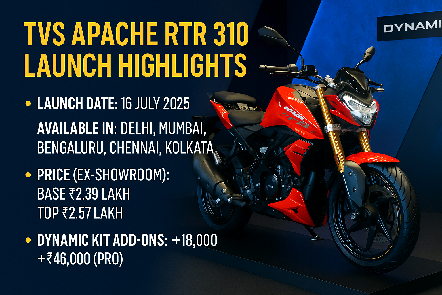 TVS Apache RTR 310 displayed at the 2025 India launch event in Fiery Red color with Dynamic Kit pricing and key highlights in the backdrop.