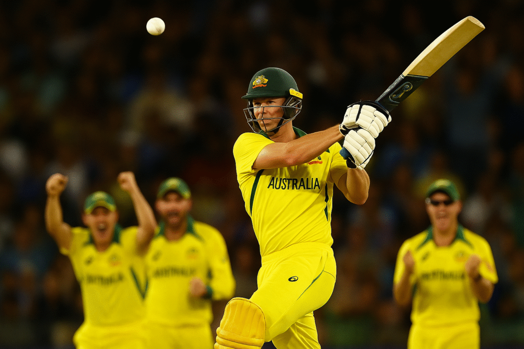 Mitchell Owen hitting a six on T20I debut with Australian teammates cheering in the background