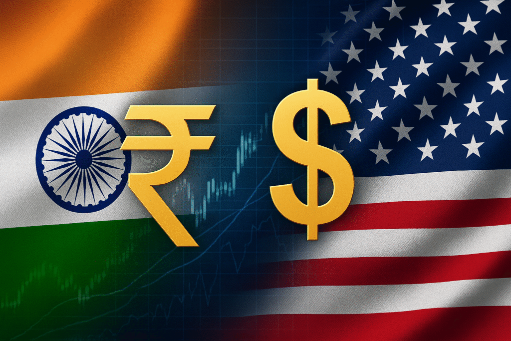 Alt Text: Rupee and dollar symbols over India-US flags and stock chart, symbolizing trade deal impact on forex market
