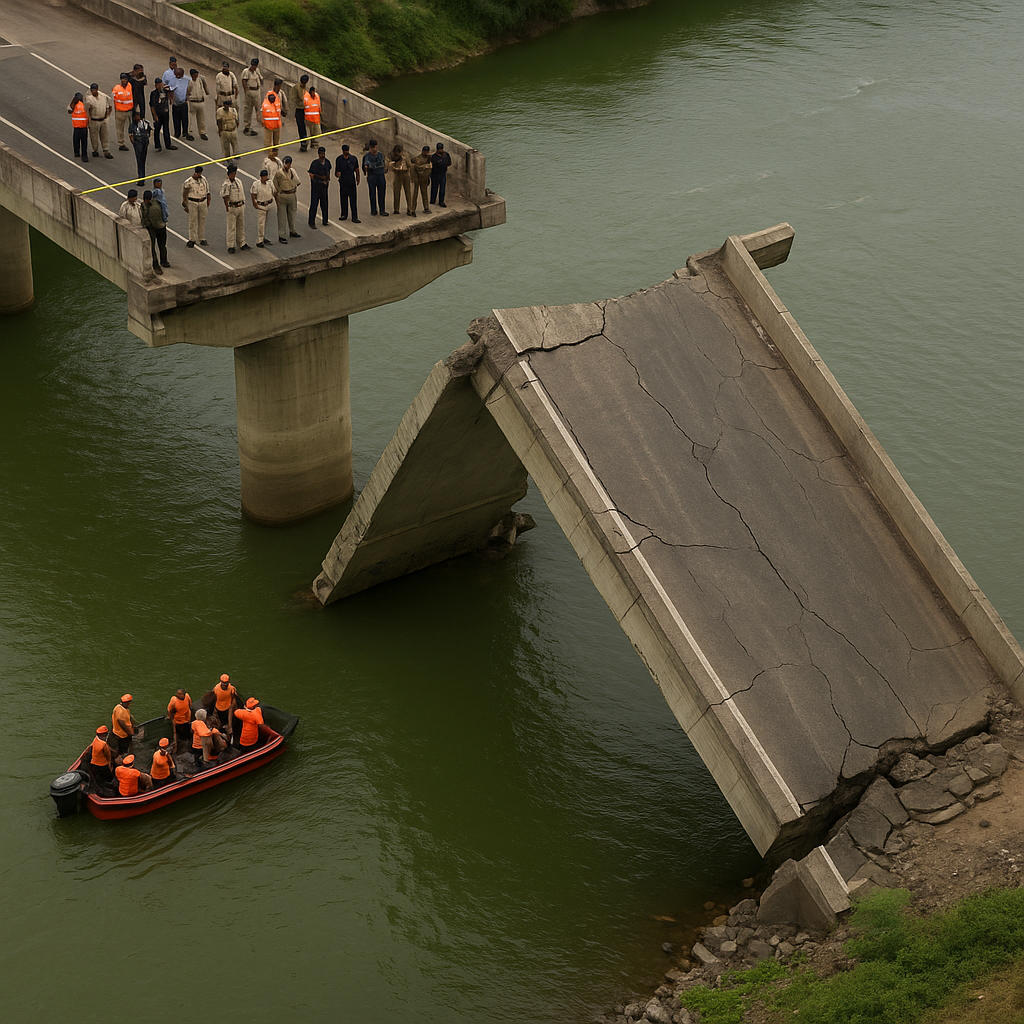 Collapsed Gambhira Bridge with rescue boat and police cordon on Mahisagar River