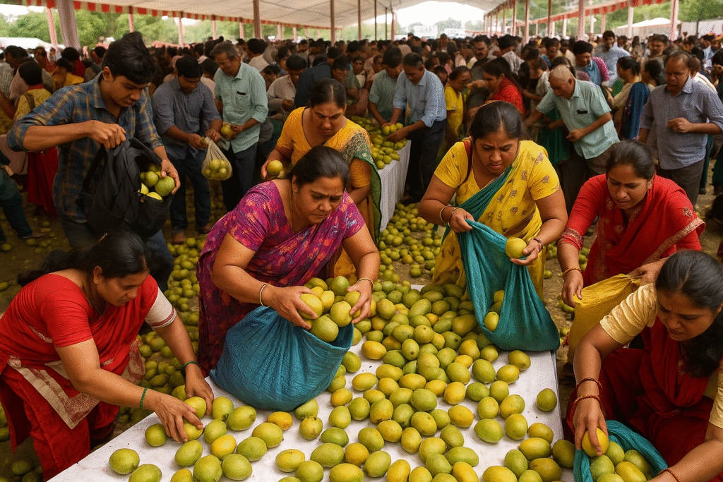 Lucknow Mango Festival crowd looting display mangoes during chaos at Aam Mahotsav 2025