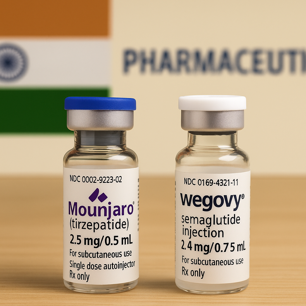 Wide shot of vials labeled Mounjaro and Wegovy on a table, with Indian and pharmaceutical branding in the back, symbolizing weight‑loss drug market entry